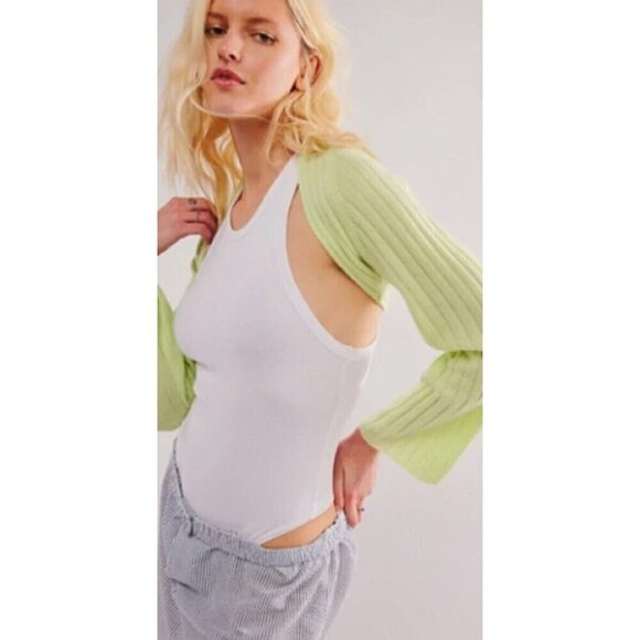 NEW FREE PEOPLE NOELLE CASHMERE LONG WIDE SLEEVE RIBBED SHRUG LIME GREEN SZ S - Picture 1 of 1